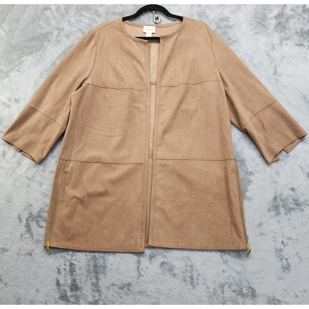 Chico's Jacket Womens Size 2 L/12 Tan Faux Suede Open Front Side Zippers Stretch
